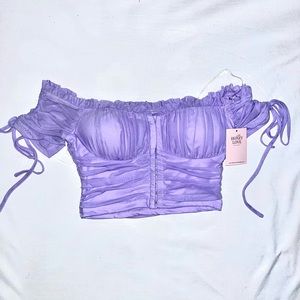 Lilac bustier padded off shoulder crop top